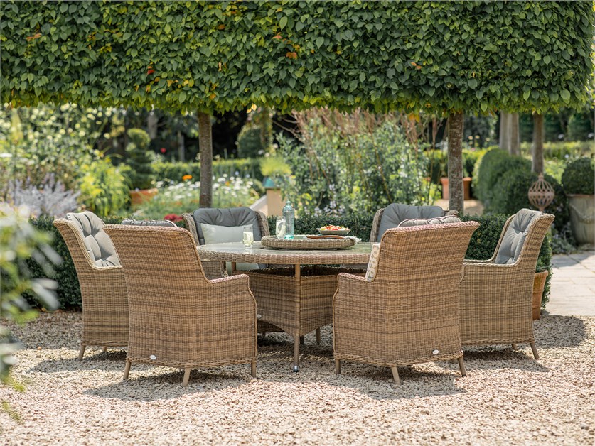 Sahara Rattan 6 Seat Round Hi-Back Dining Set with Lazy Susan, Parasol & Base Alternative Image