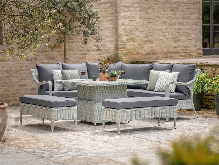 Cherington Cloud Rattan Corner Sofa with Square Dual Height Table & 2 Benches
