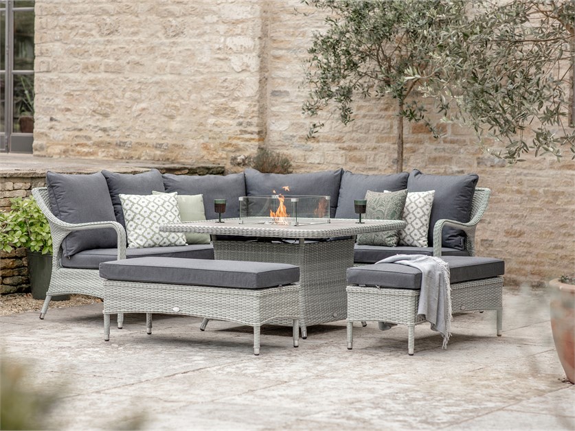 Cherington Cloud Rattan Corner Sofa with Square Firepit Table & 2 Benches