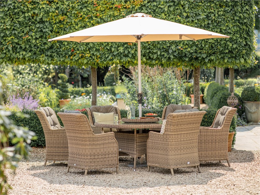 Sahara Rattan 6 Seat Round Hi-Back Dining Set with Lazy Susan, Parasol & Base