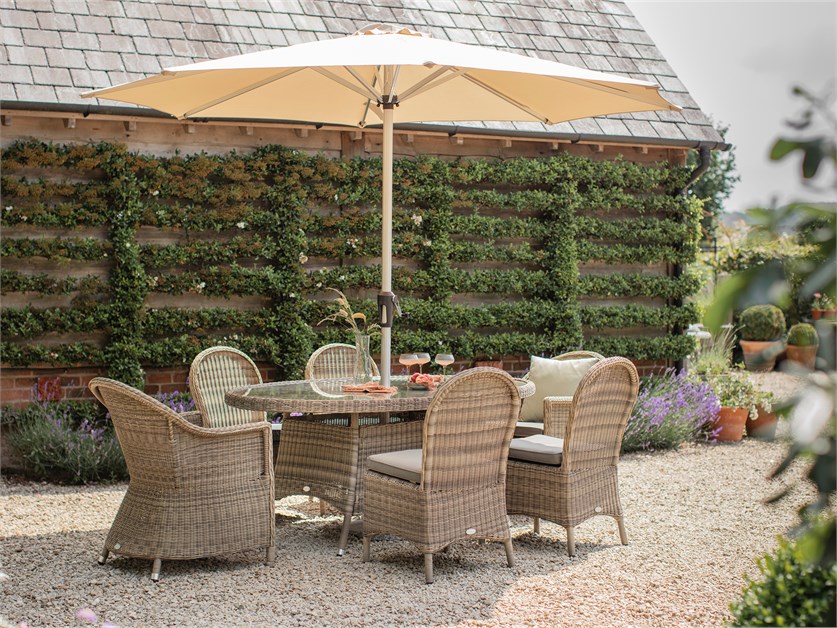 Sahara Rattan 6 Seat Elliptical Dining Set with Parasol & Base