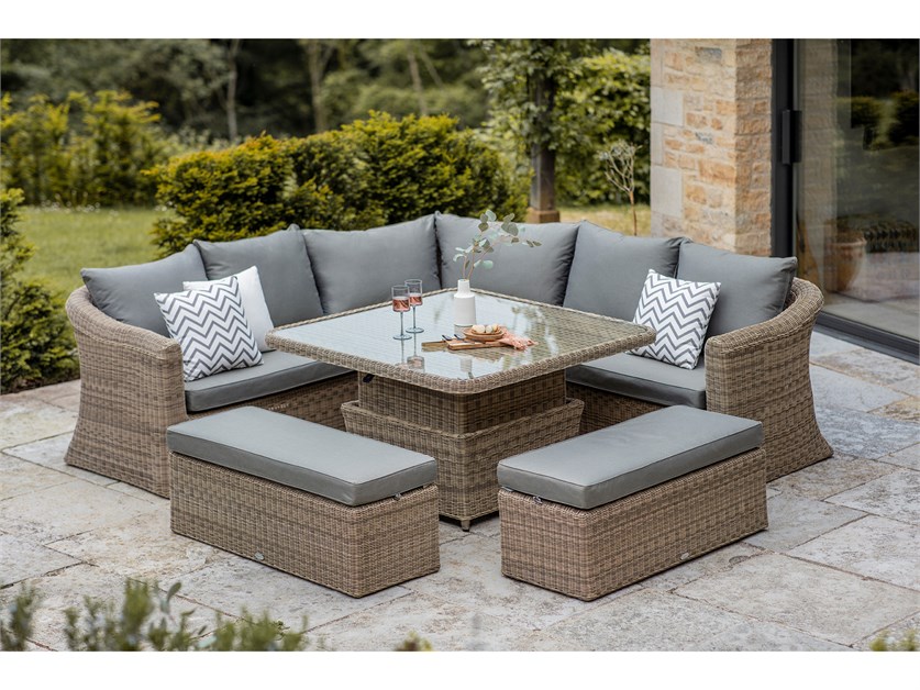 Sahara Rattan Deluxe Corner Sofa with Square Dual Height Table & 2 Benches